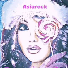a drawing of a woman holding a lollipop with the name asiarock written on the bottom