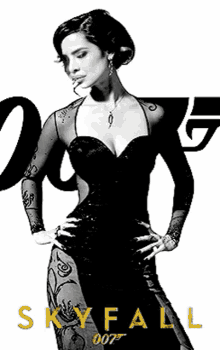 a woman in a black dress is standing in front of a sign that says skyfall 007