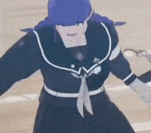 a girl with blue hair is wearing a sailor suit and a white armband .