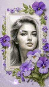 a woman 's face is surrounded by purple flowers