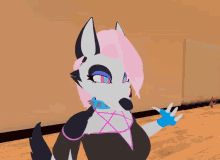 a cartoon drawing of a wolf with pink hair and blue gloves