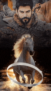 a man with a beard is standing next to a horse with a ring around it