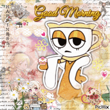 a cartoon drawing of a cup of coffee with the words good morning on it