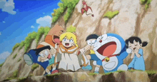 a group of cartoon characters including doraemon are standing next to each other