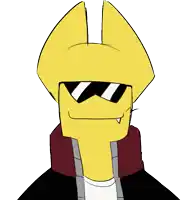 a yellow cartoon character wearing sunglasses and a black jacket
