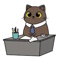 a cat in a tie sits at a desk