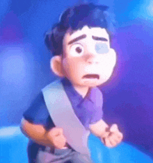 a cartoon character is standing in front of a blue background and looking scared .