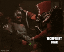 a video game character is fighting another character with the words +1 wiz point techpriest dhak on the bottom
