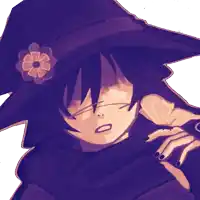 a purple drawing of a person with a flower on their hat