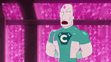 a cartoon character is wearing a shirt with the letter c on the chest