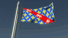 a blue yellow and red flag with fleur de lis on it is waving in the wind
