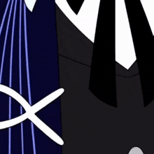 a cartoon drawing of a man in a suit and tie with a purple hat that says ' x ' on it