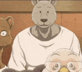 a group of cartoon animals are sitting next to each other and one of them is wearing glasses .