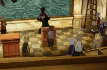 a group of cats are gathered around a podium in front of a chalkboard with equations on it