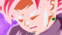 a close up of a person 's face with a purple background and a pink hair .