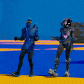 a man and a woman are dancing in front of a blue sky