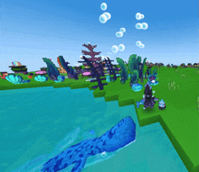 a whale is swimming in a video game with bubbles coming out of the water