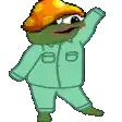 a pixel art of a frog wearing pajamas and an orange hat .