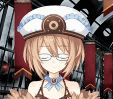 a girl with glasses and a white hat with a circle on it