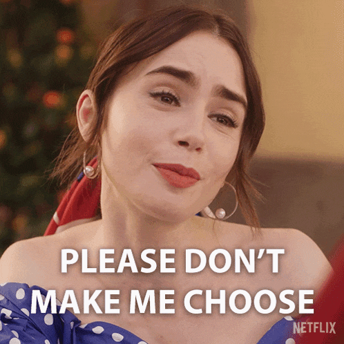 a picture of a woman with the words please do n't make me choose below her