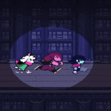 a pixel art drawing of a group of cartoon characters in a dark room .