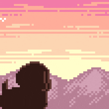 a pixel art of a dog looking at a pink sky