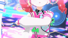 a girl in a pink and white outfit with a green arrow pointing to the left