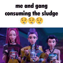 three cartoon girls are holding cups of rumi noodles