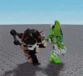 two cartoon characters are standing next to each other on a tiled floor