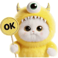 a white cat in a yellow monster costume is holding a sign that says ok .