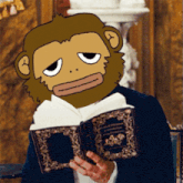 a man with a monkey mask on his face is reading a book