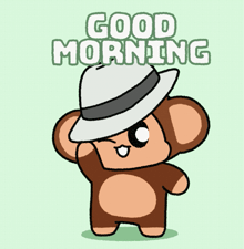 a cartoon of a monkey wearing a hat with the words good morning below it
