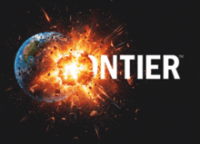 a logo for frontier shows a planet exploding