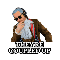 a man in a costume with the words they 're coupled up on the bottom