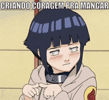 a cartoon girl is pointing at herself with the words criando coragem pra mangar written above her