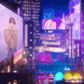 a drawing of a city at night with the name zepeto at the bottom