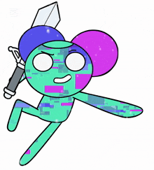 a cartoon character is holding a sword and a purple hat