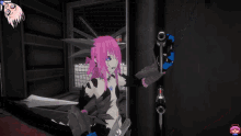 a cartoon character with pink hair is holding a sword