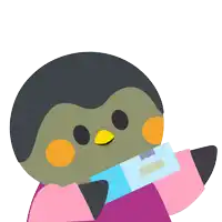 a penguin in a pink shirt is holding a blue box with the letter t on it
