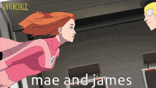 a cartoon of a woman flying with the words mae and james on the bottom