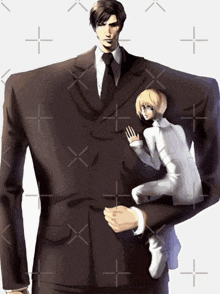 a man in a suit is holding a smaller man in a white suit
