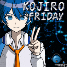 a blue haired anime character giving a peace sign with the words kojiro friday in the background