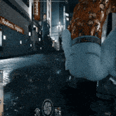 a video game is being played in front of a sign that says modern square