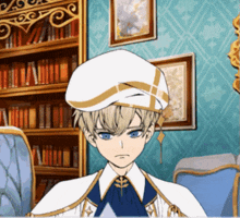 a boy with blue eyes and a white hat is sitting in front of a bookcase