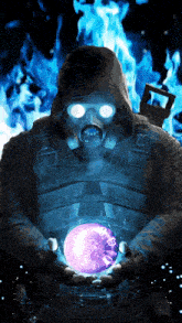 a person in a gas mask is holding a purple ball in their hands