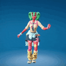 a cartoon character with green hair and pink gloves