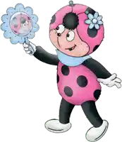 a ladybug holding a mirror with a flower on it