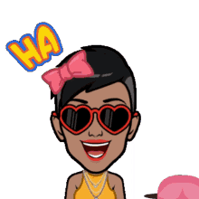 a cartoon woman wearing heart shaped sunglasses and a pink bow has the words ha ha ha above her head