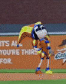a cartoon character is standing in front of a sign that says it 's all you 're thirsty for