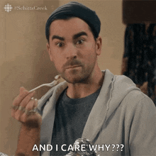 a man is eating food and says " and i care why ?? "